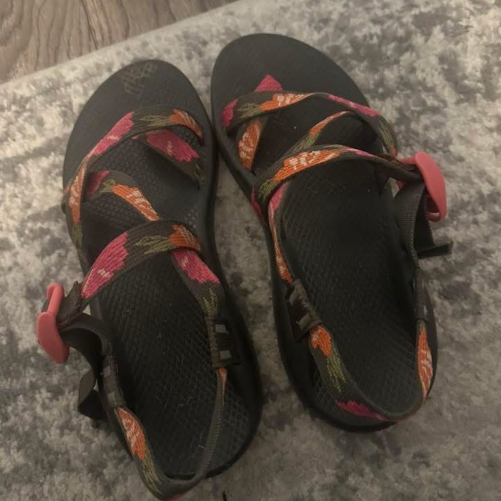 Chaco Black Sandals with Pink and Orange Straps